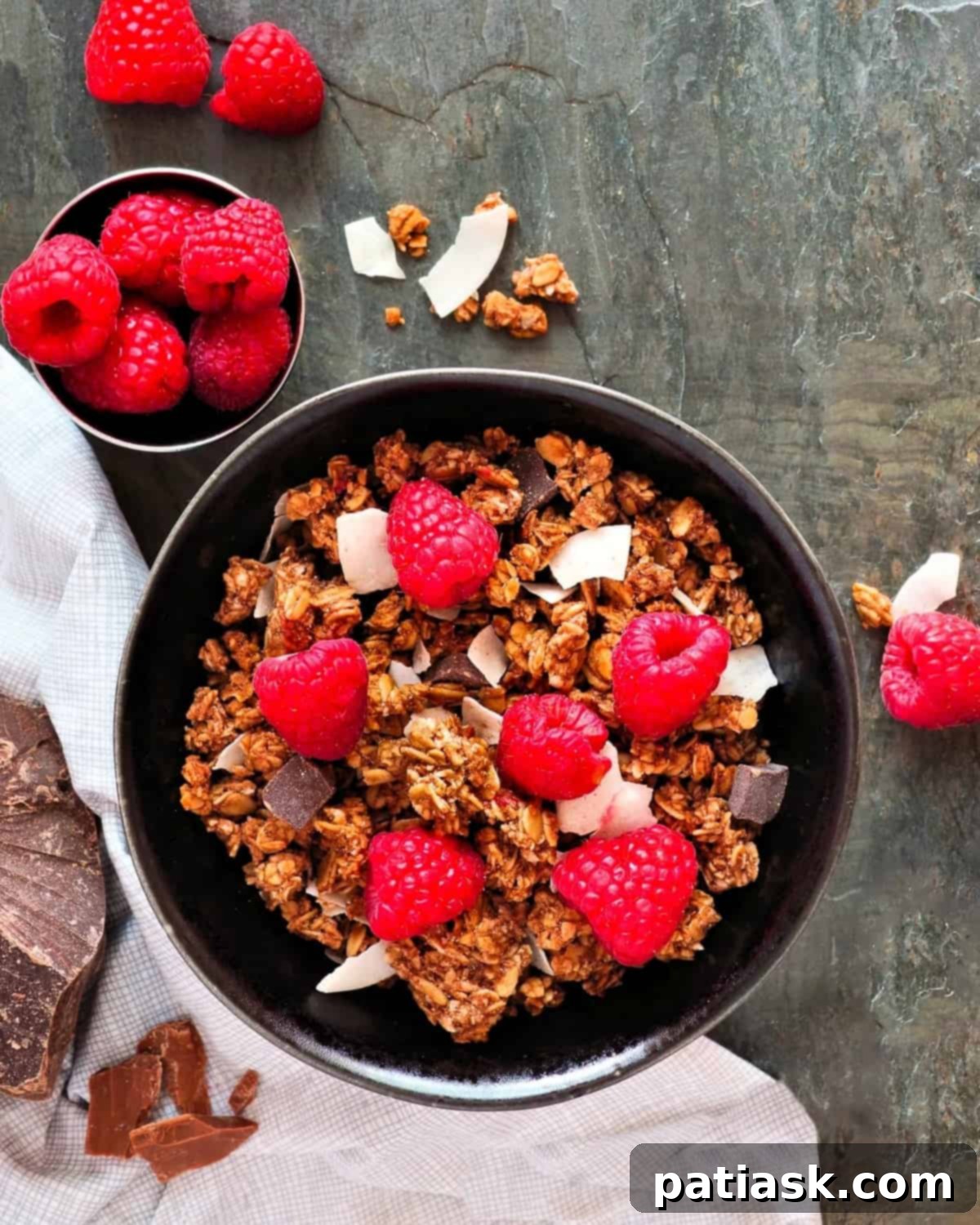 Double chocolate coconut granola with oat clusters and chocolate chips.