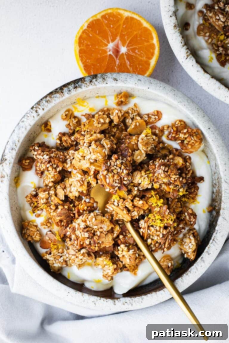 Tahini granola with sesame, honey, and orange zest.
