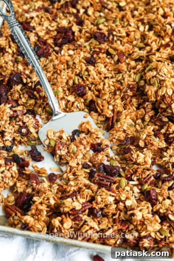 Easy homemade granola with nuts, seeds, and dried berries.