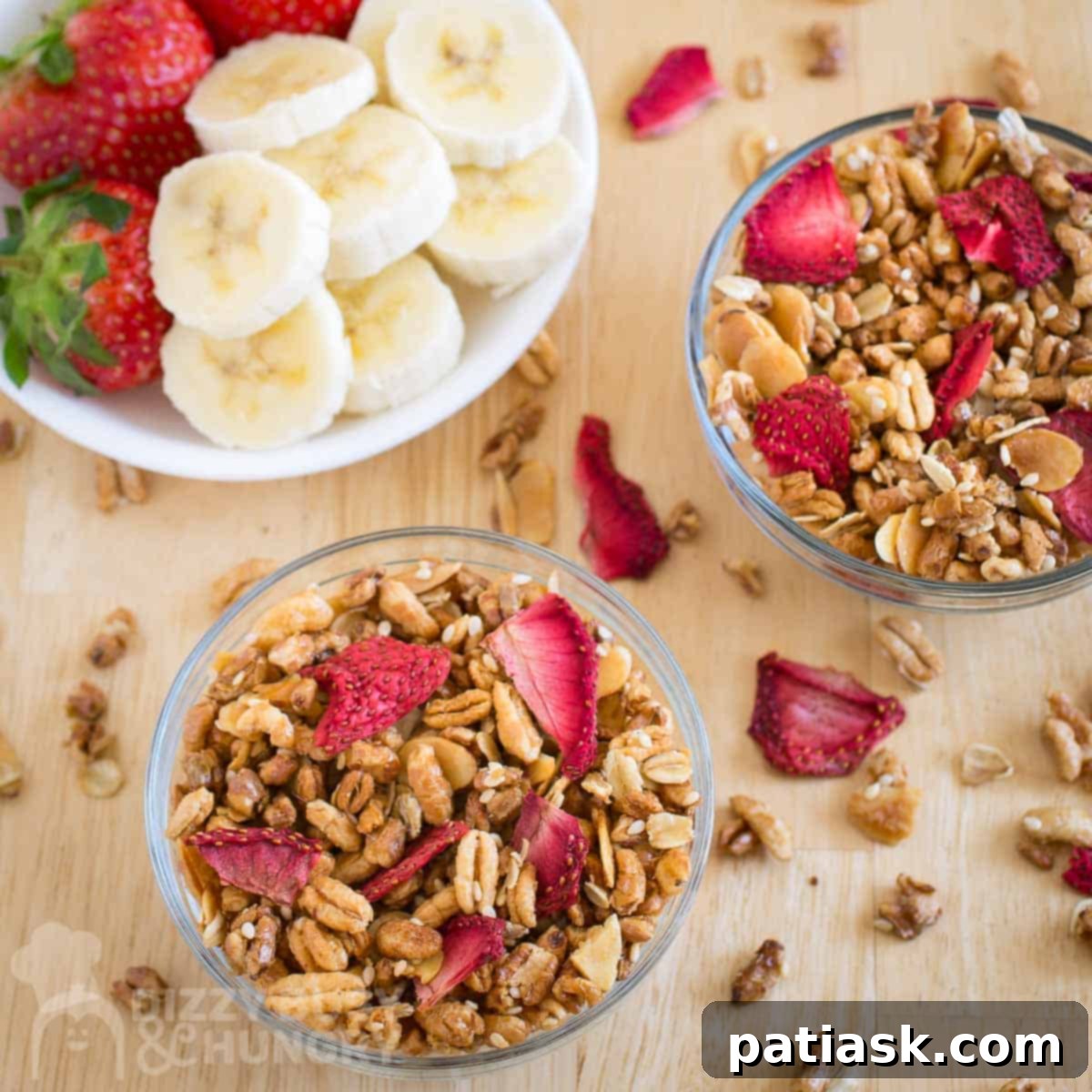 Strawberry granola with fresh and dried strawberries.
