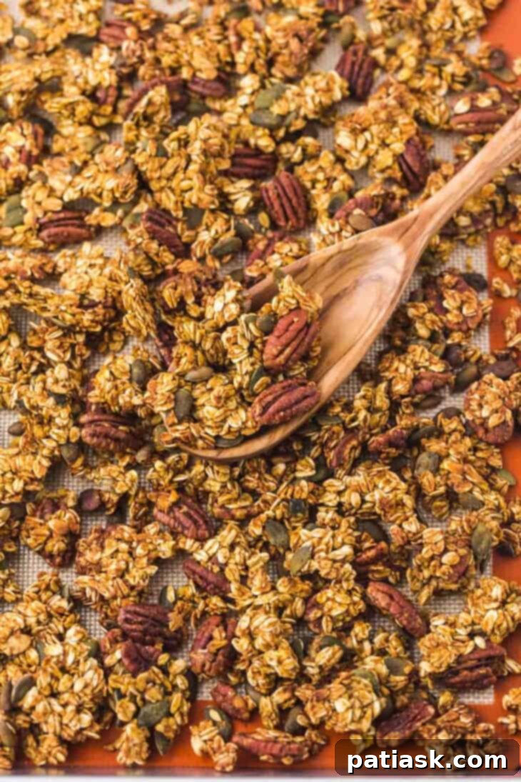 Pumpkin granola with maple, pumpkin spice, pecans, and pepitas.