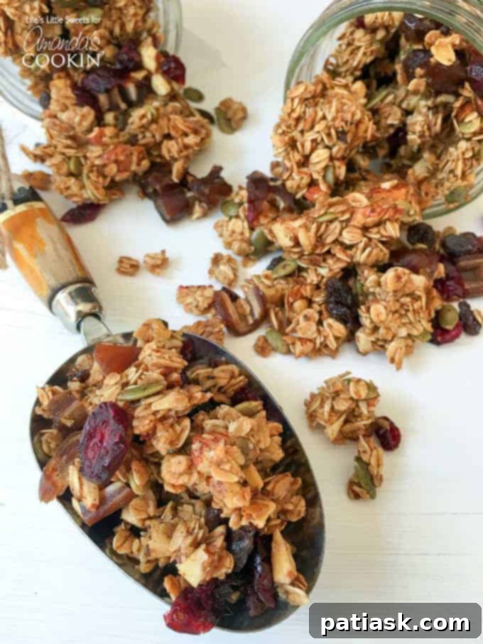 Autumn harvest fruit and nut granola with cinnamon and cranberries.