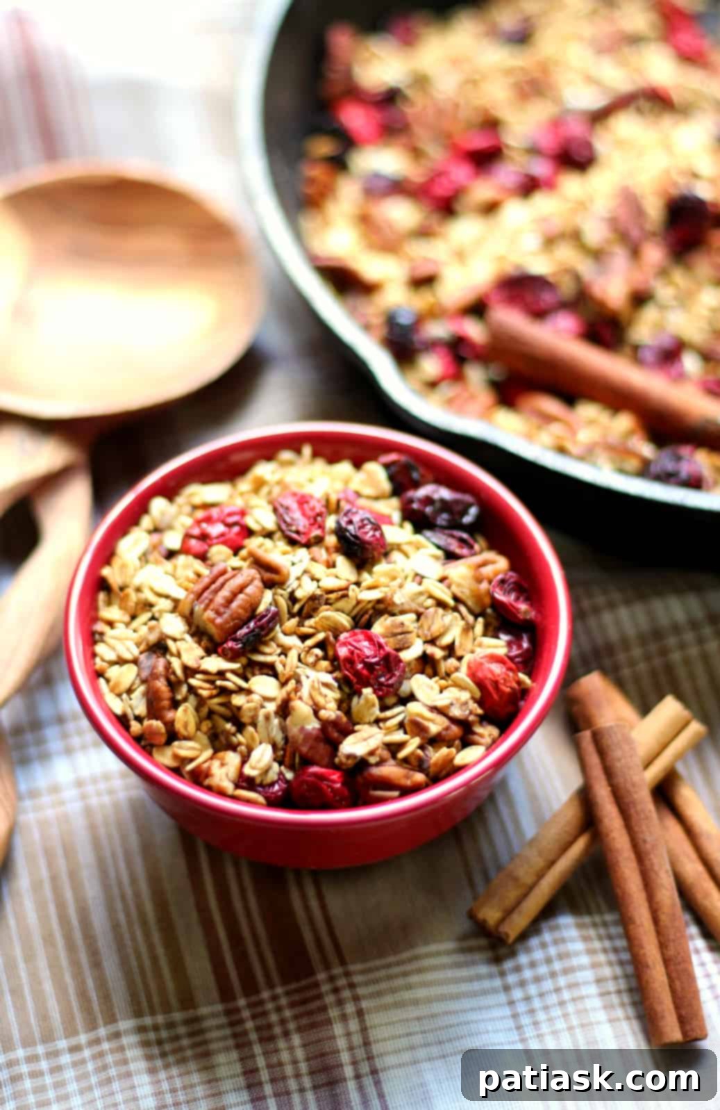 Cranberry pecan spiced skillet granola in a bowl.