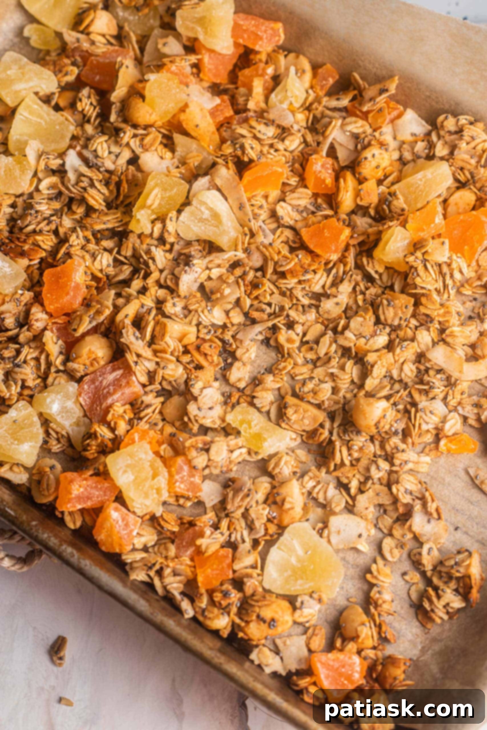 Close-up of tropical granola with dried fruit and coconut.