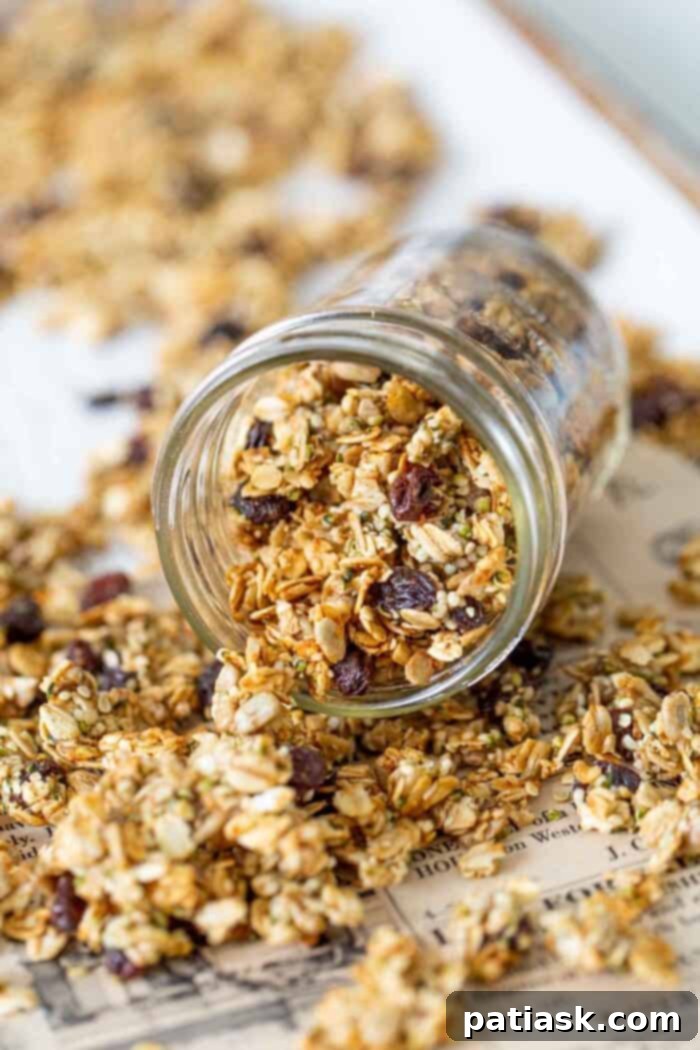 Cinnamon raisin granola in a bowl, a healthy treat.
