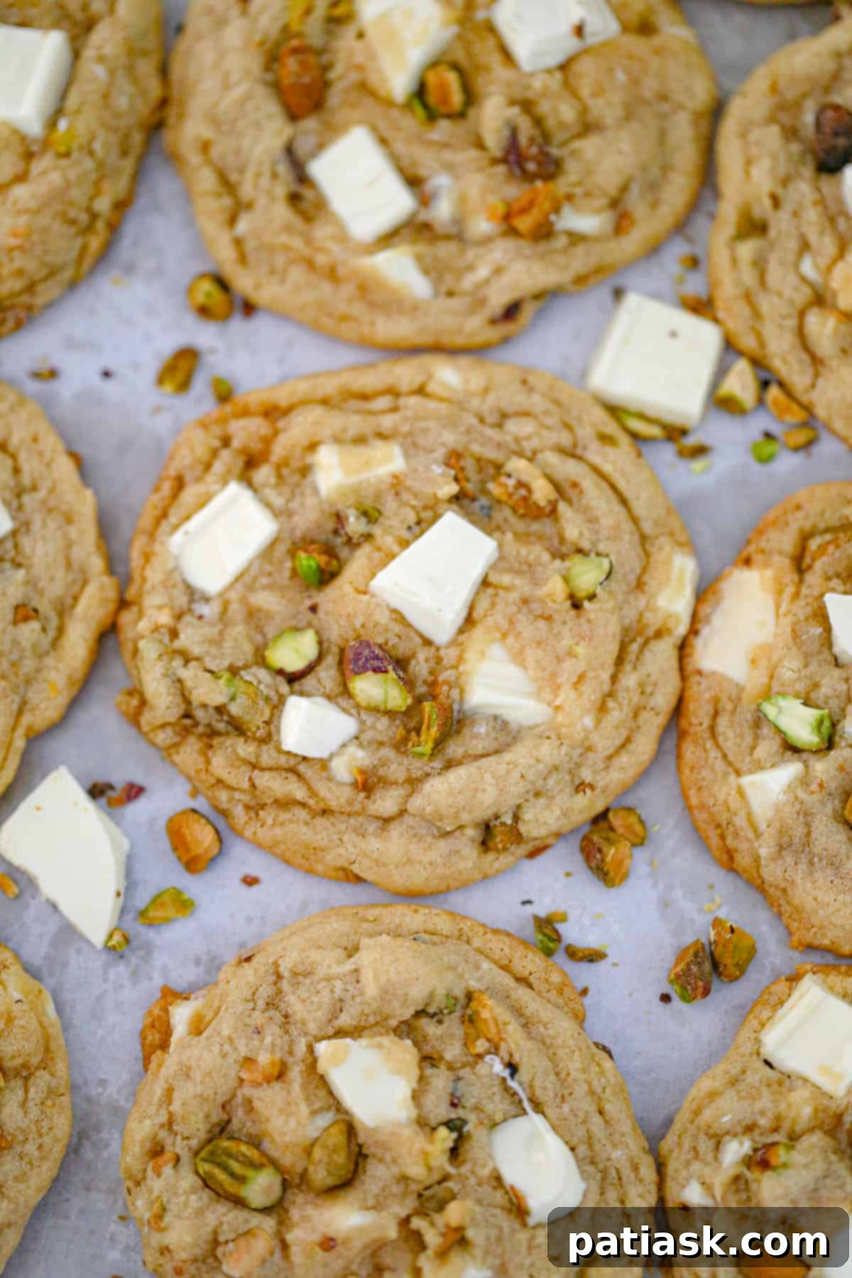 Sweet and salty white chocolate pistachio cookies on a cooling rack