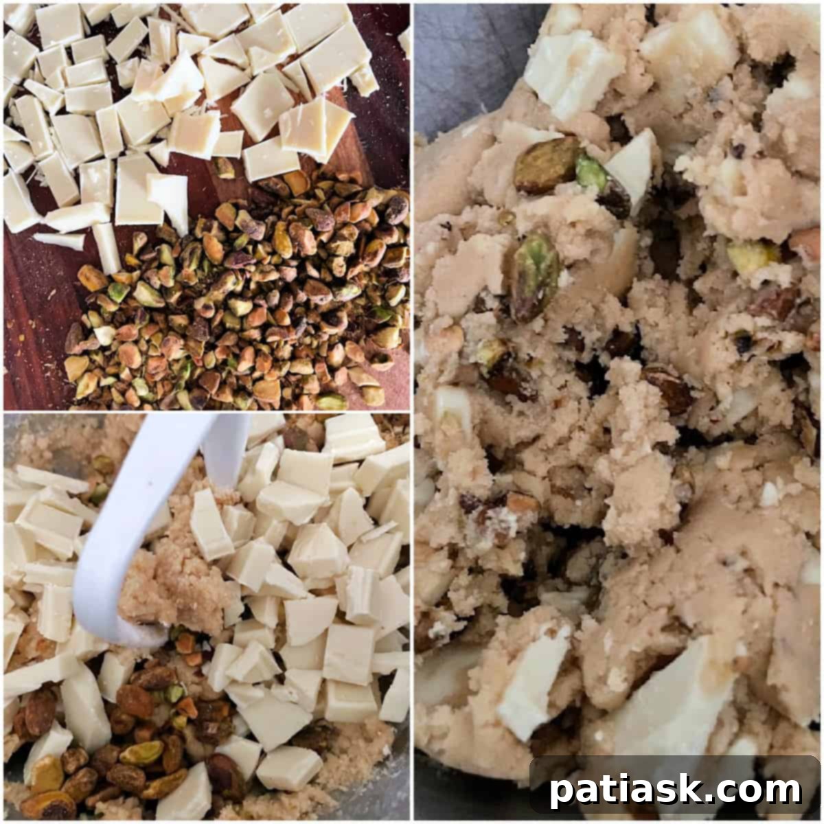 Unbaked white chocolate pistachio cookie dough balls on a baking sheet