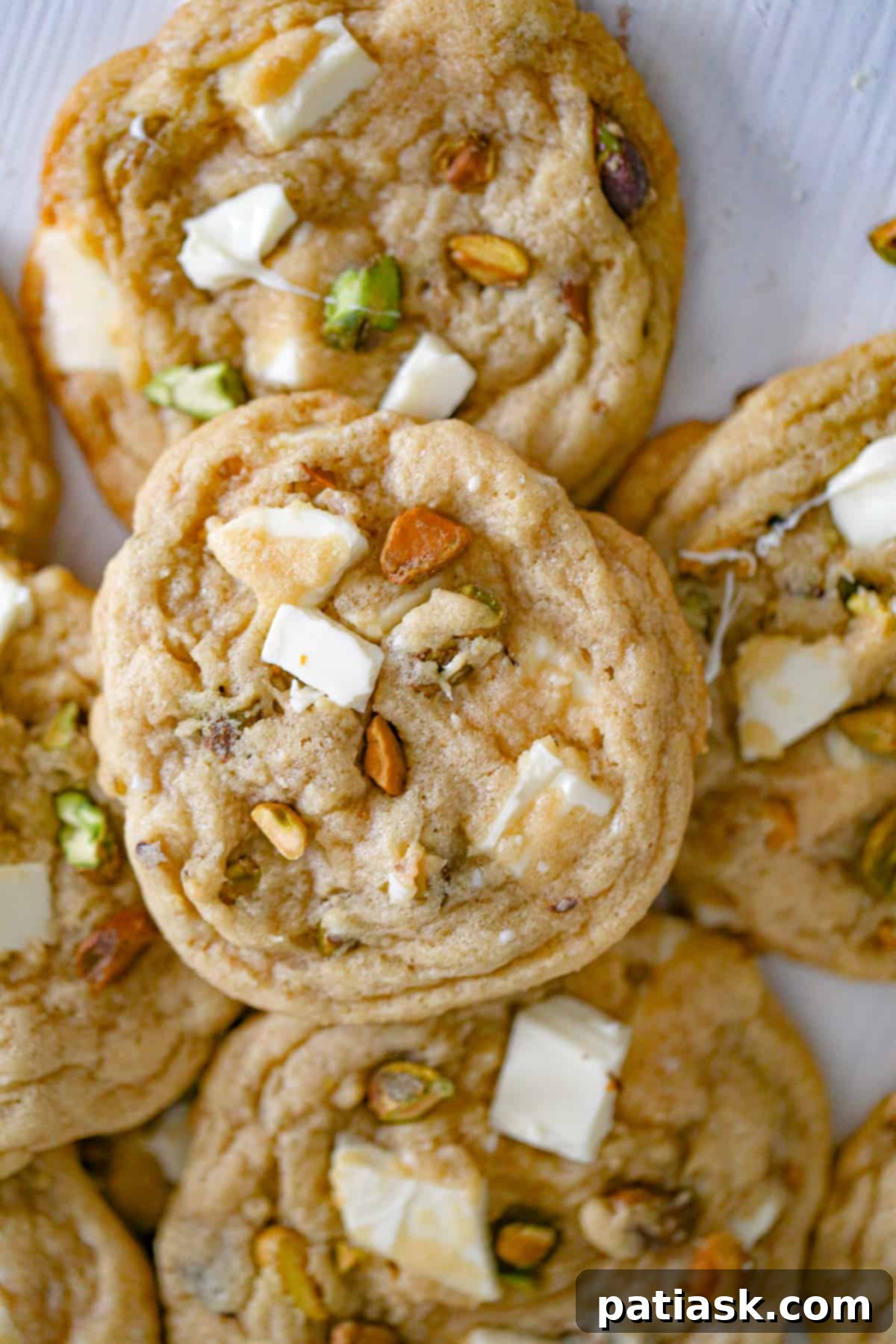 Freshly baked white chocolate pistachio cookies on a wire rack