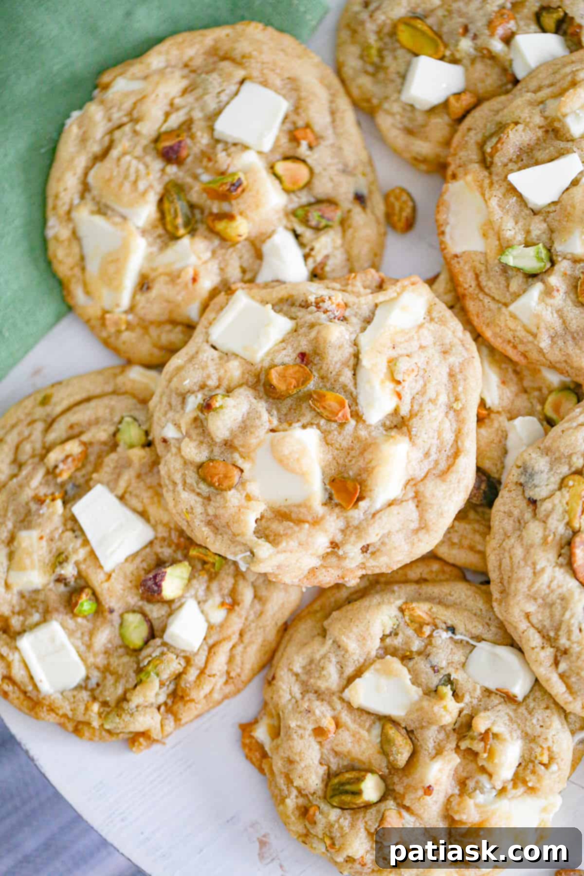Close-up of baked white chocolate pistachio cookies with visible nuts and chocolate chunks