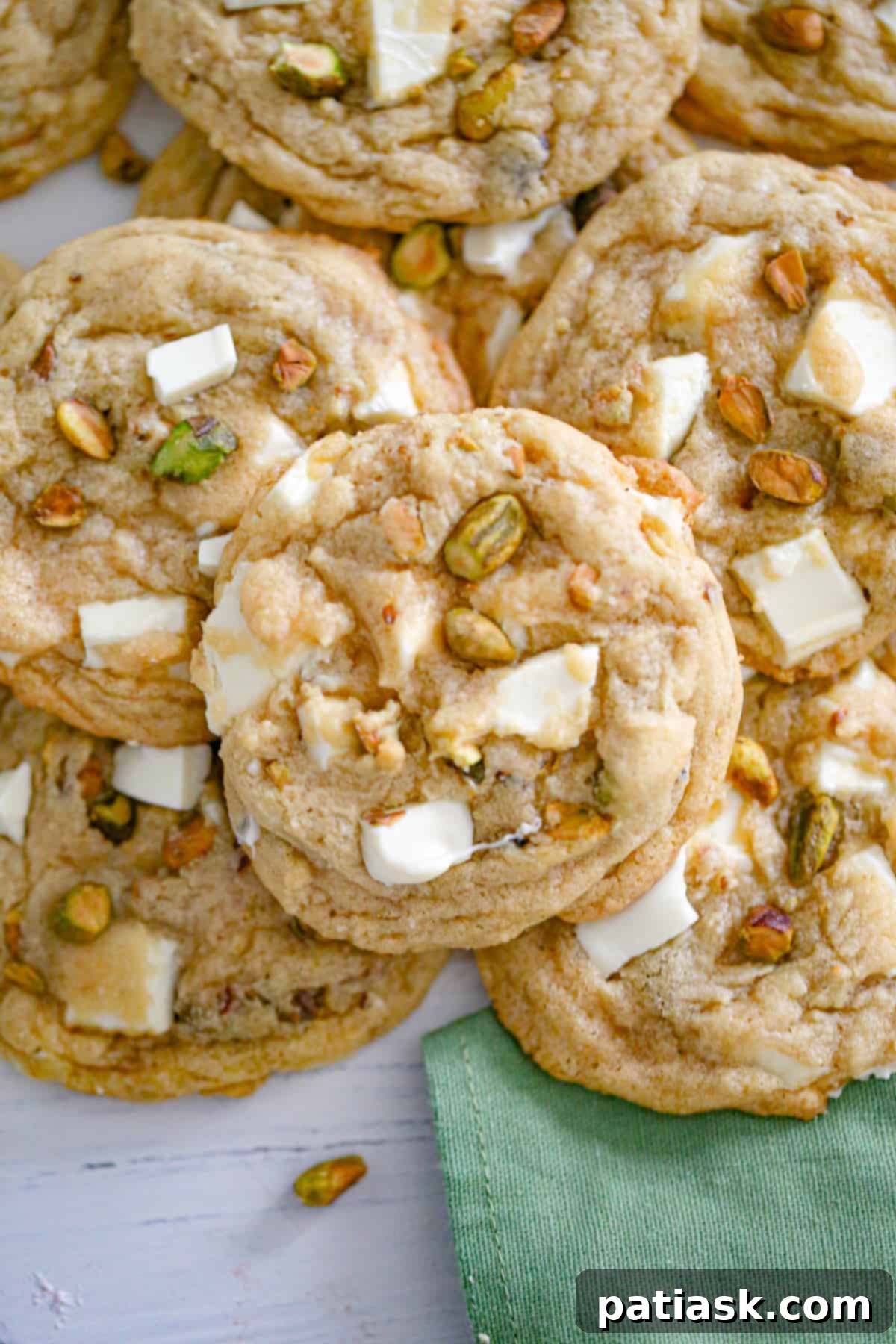Stack of freshly baked white chocolate pistachio cookies