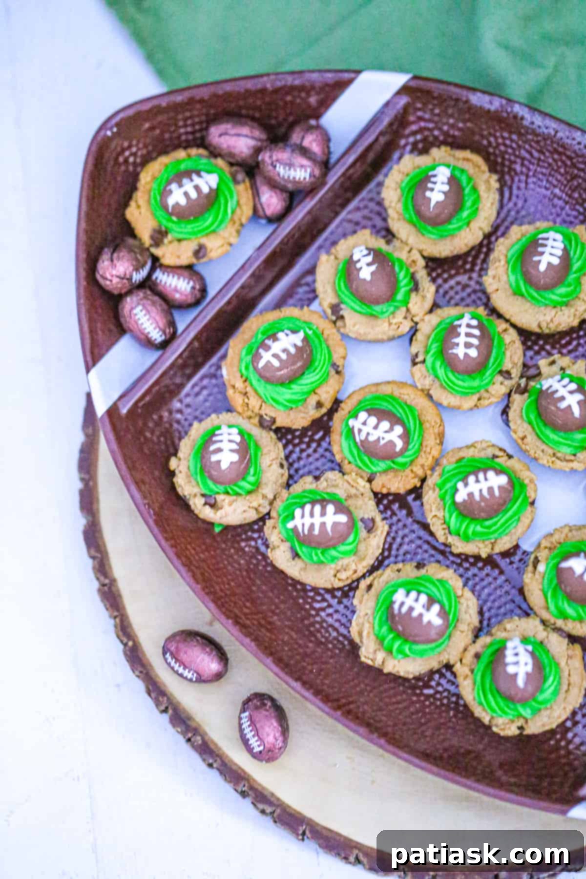 Touchdown Chocolate Peanut Butter Cookies 3 Close-up of decorated Chocolate Football Peanut Butter Cookies ready for a party