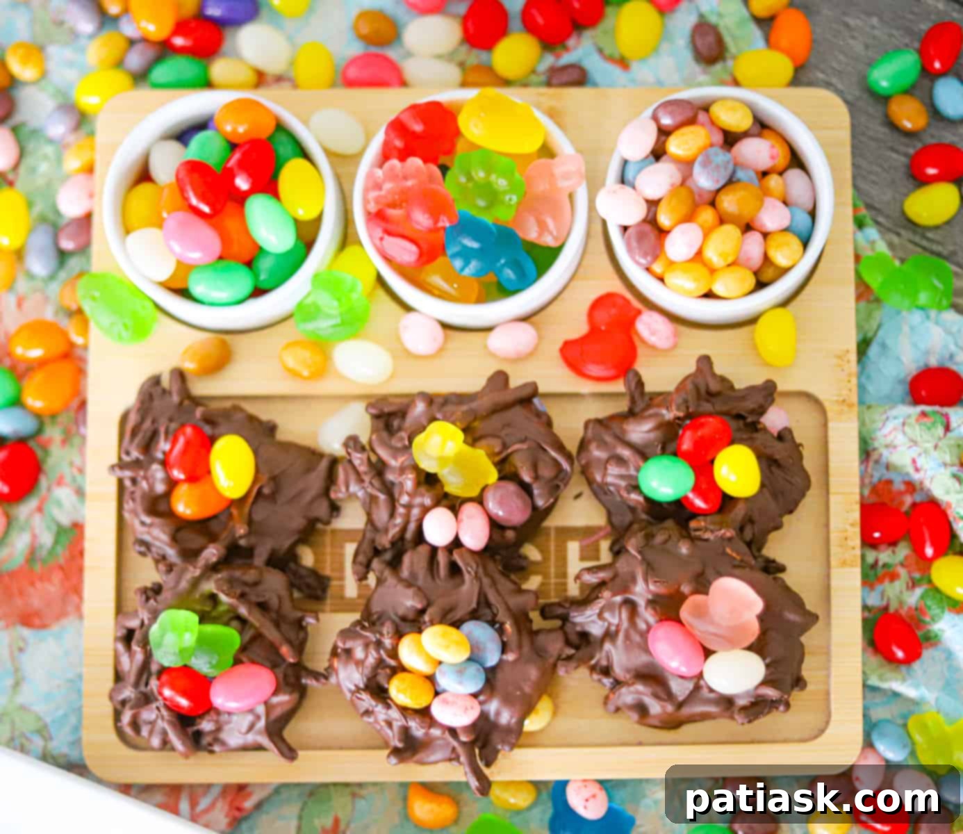 Sweet Easter Bird Nests 3 Colorful Brach's jelly beans and soft jellies displayed alongside chocolate chow mein nests