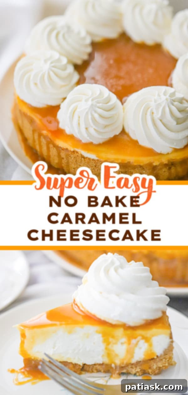 Overhead flat lay of a whole easy no bake caramel cheesecake