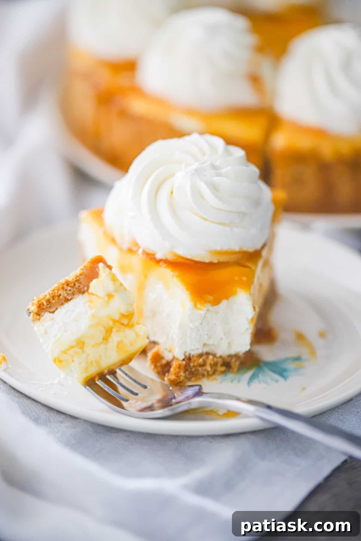 Effortless No-Bake Salted Caramel Cheesecake 5 Top view of the finished no bake salted caramel cheesecake with whipped cream and caramel drizzle