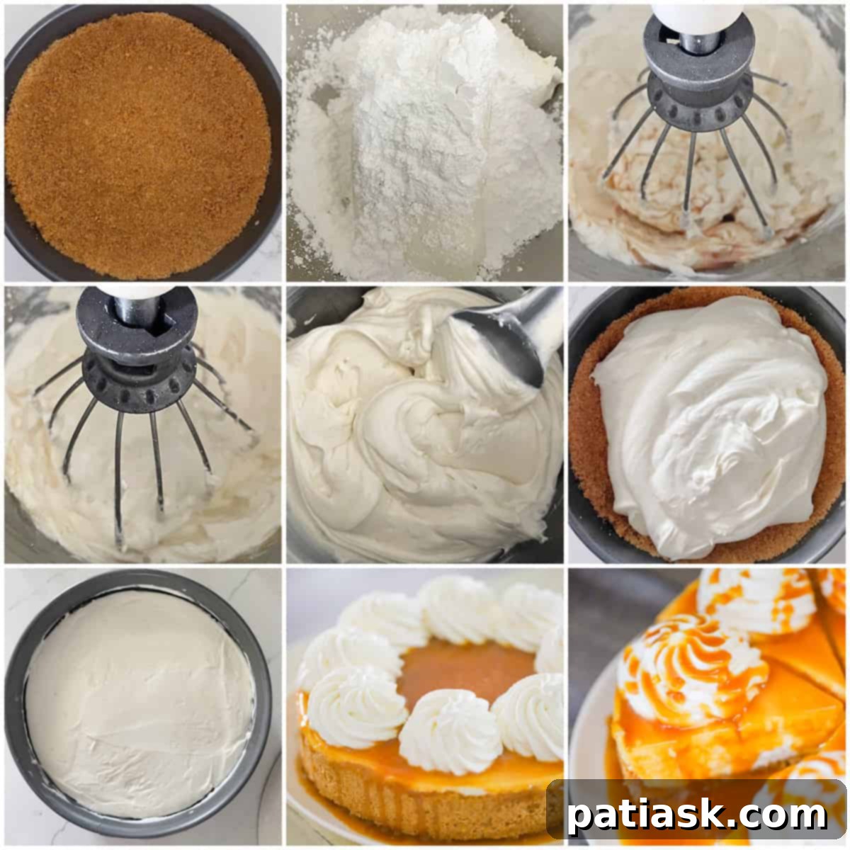 Effortless No-Bake Salted Caramel Cheesecake 6 Step-by-step tutorial image showing various stages of making the cheesecake