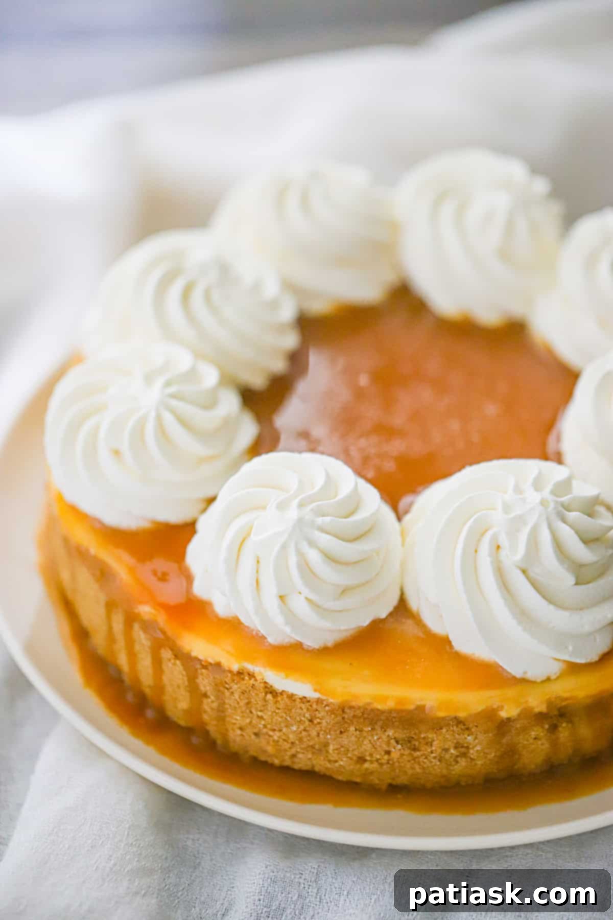 Effortless No-Bake Salted Caramel Cheesecake 8 Close up of the rich salted caramel drizzle on a no bake cheesecake