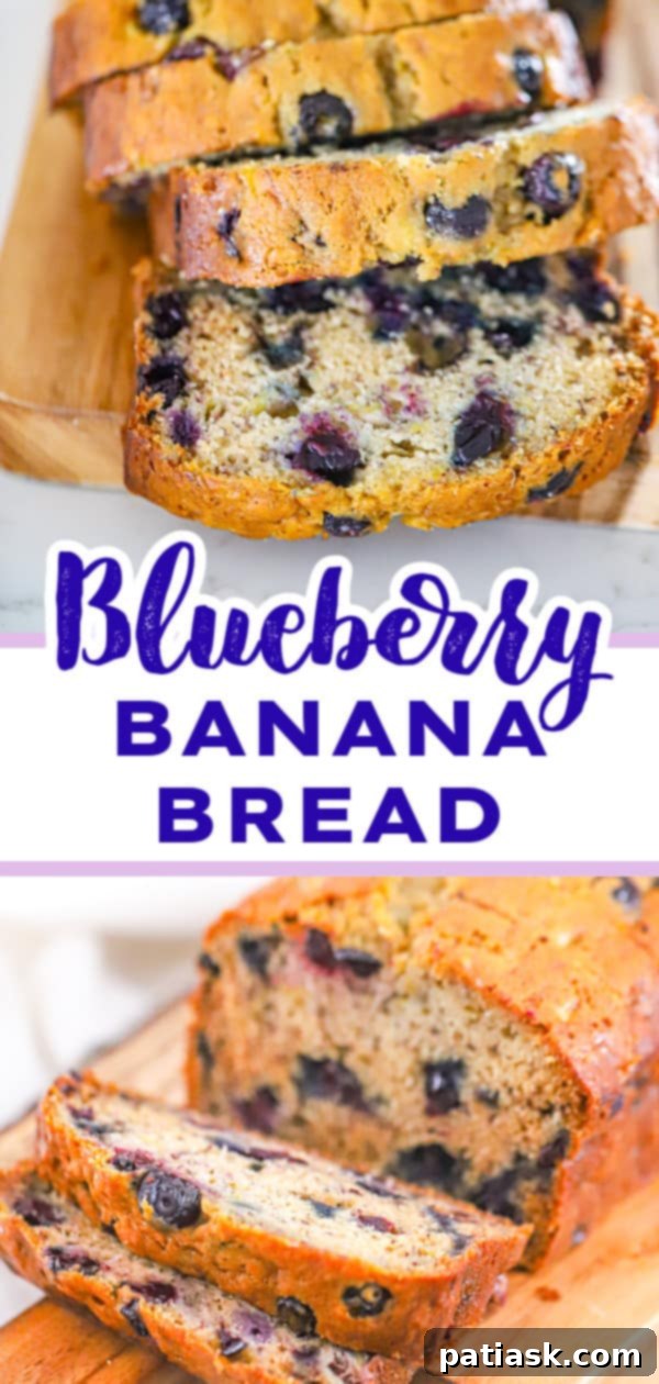 Effortless Blueberry Banana Bread 10 Loaf of banana bread with berries visible on top.