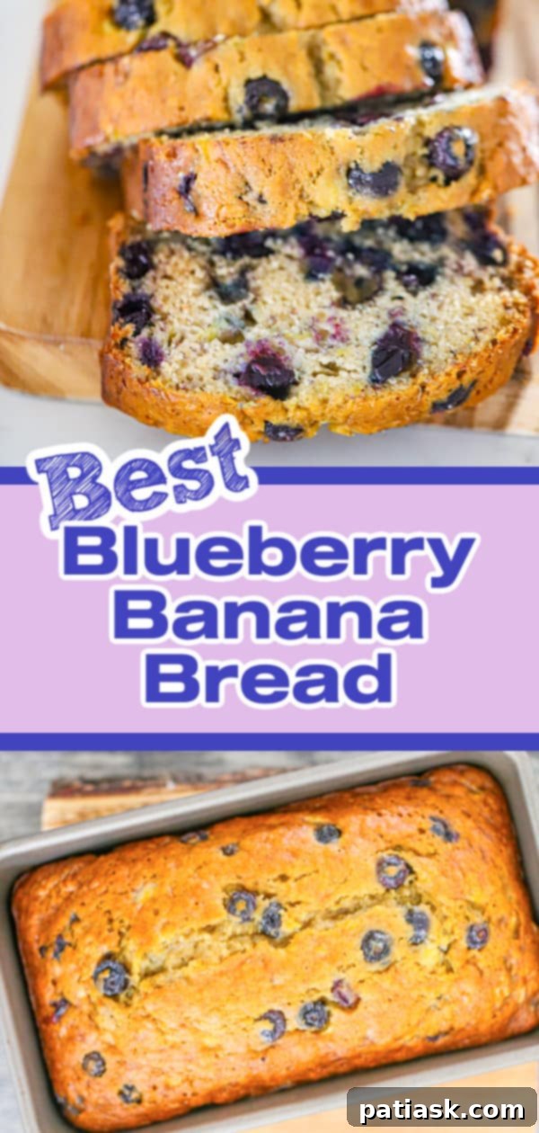 Effortless Blueberry Banana Bread 11 Easy Blueberry Banana Bread, showing a cut side with fruit.