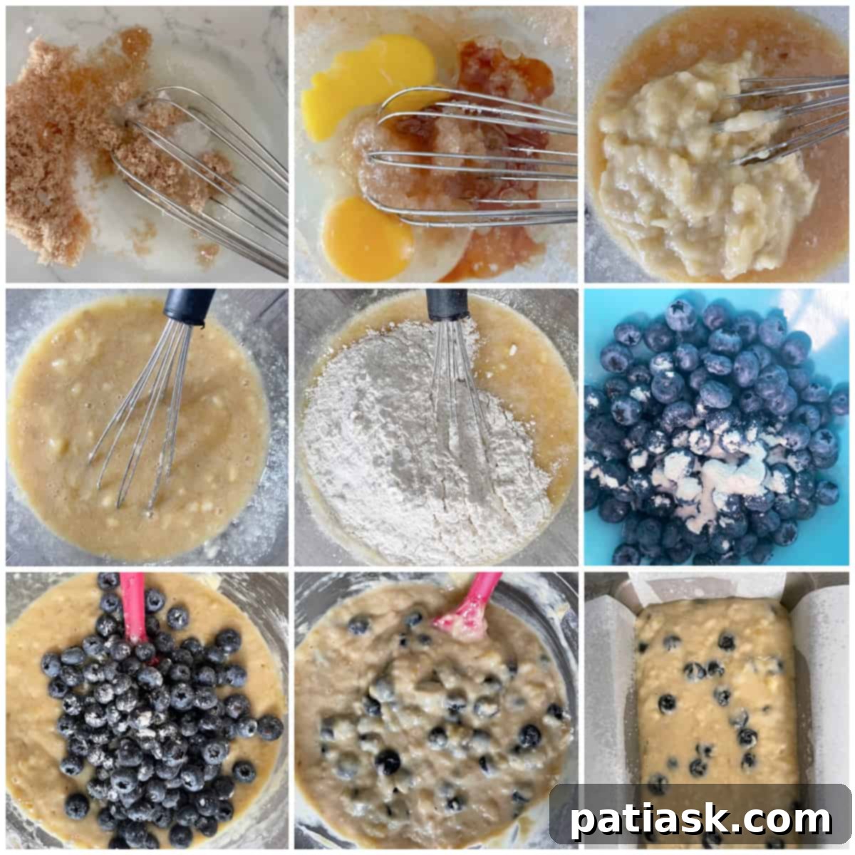 Effortless Blueberry Banana Bread 6 Tutorial steps for making blueberry banana bread.