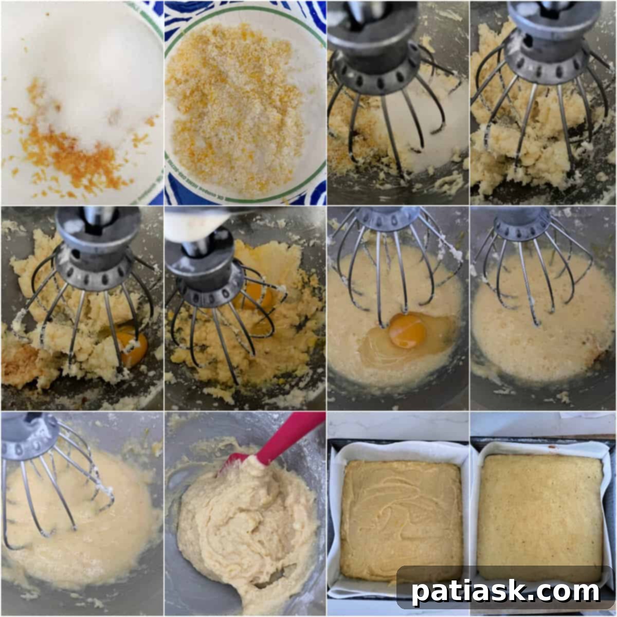 Step-by-step tutorial image showing lemon brownie batter being spread into a baking pan.