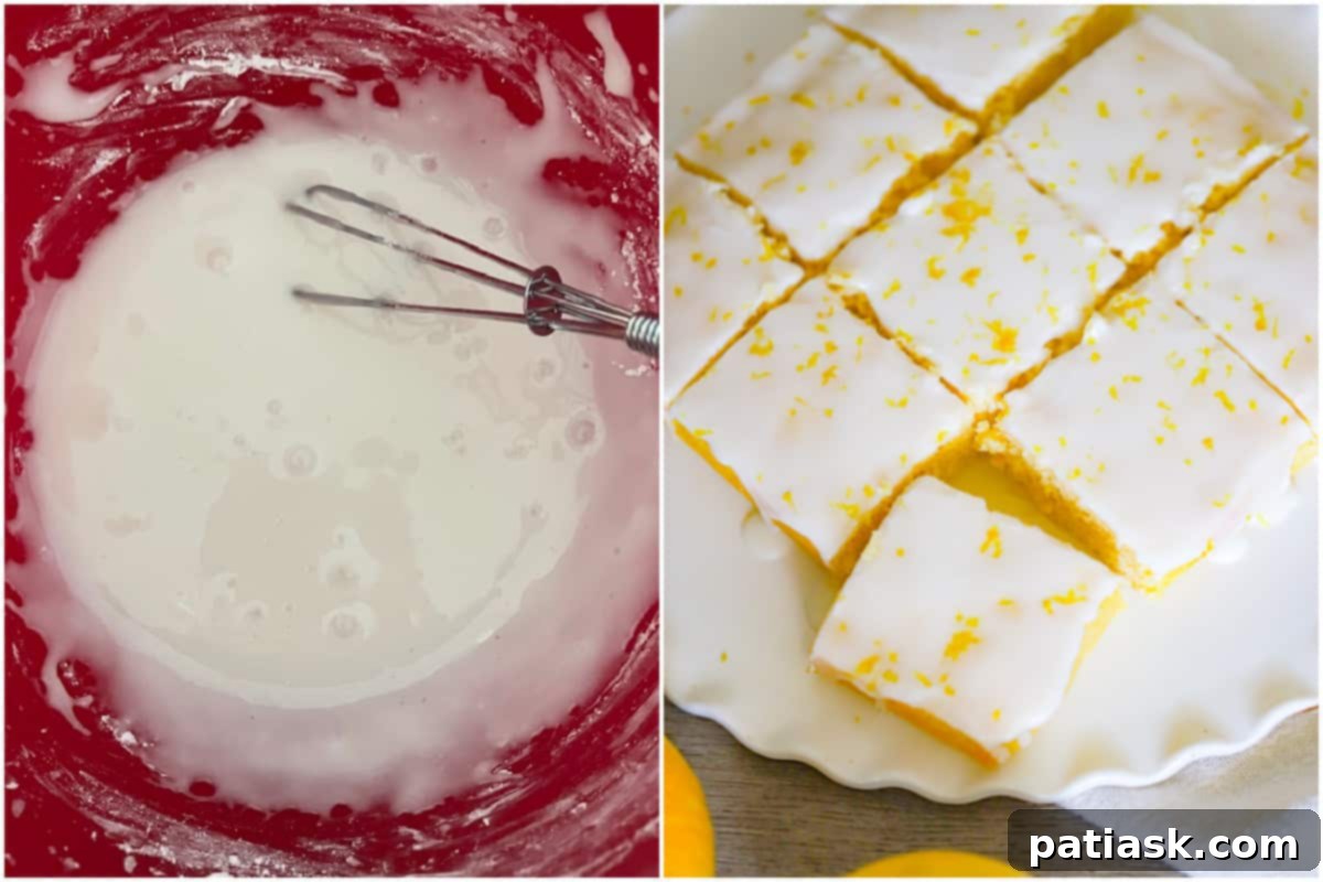 Close-up of a cooled lemon brownie with a smooth, glossy lemon glaze being applied.