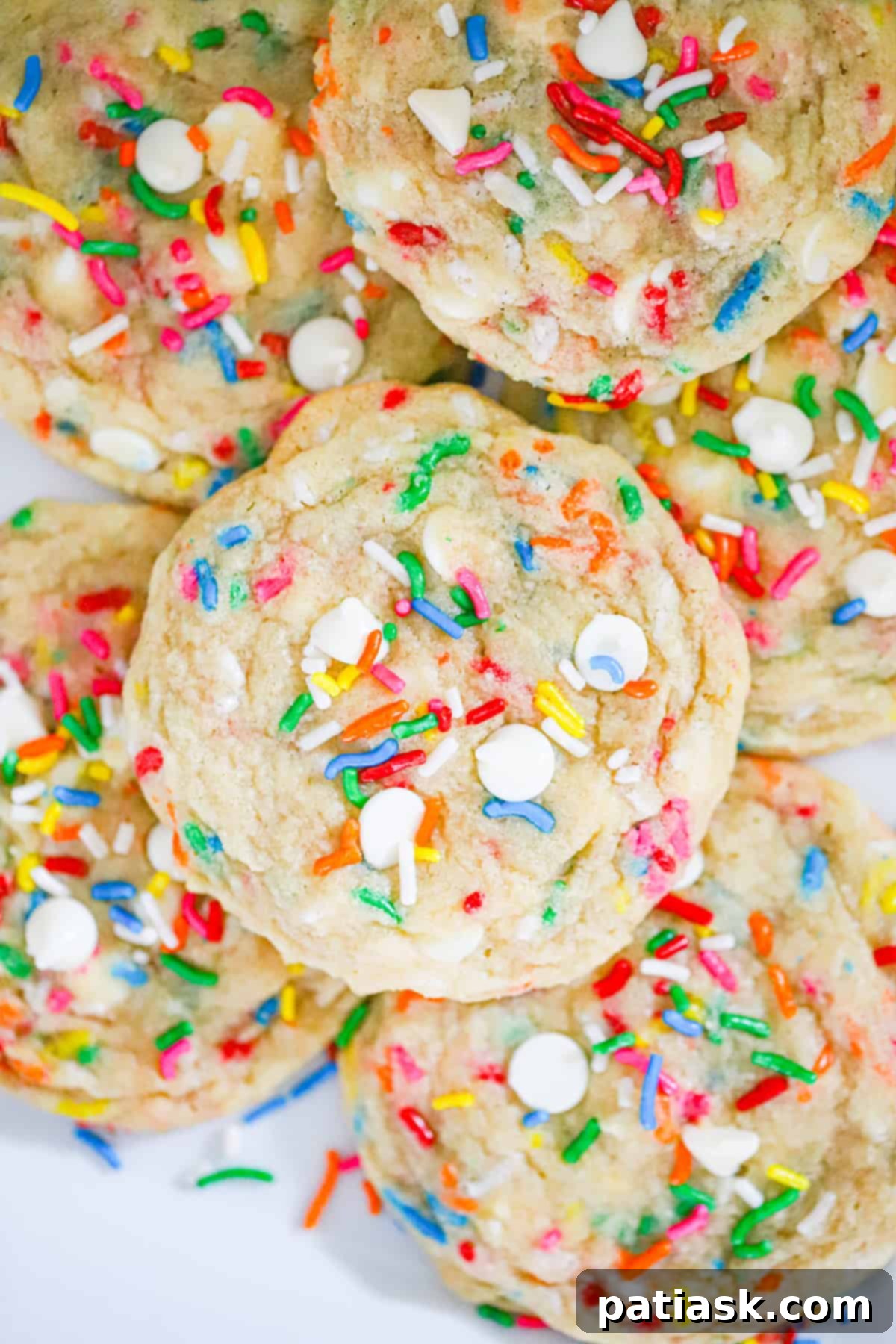 Close-up of baked Funfetti White Chocolate Chip Cookies
