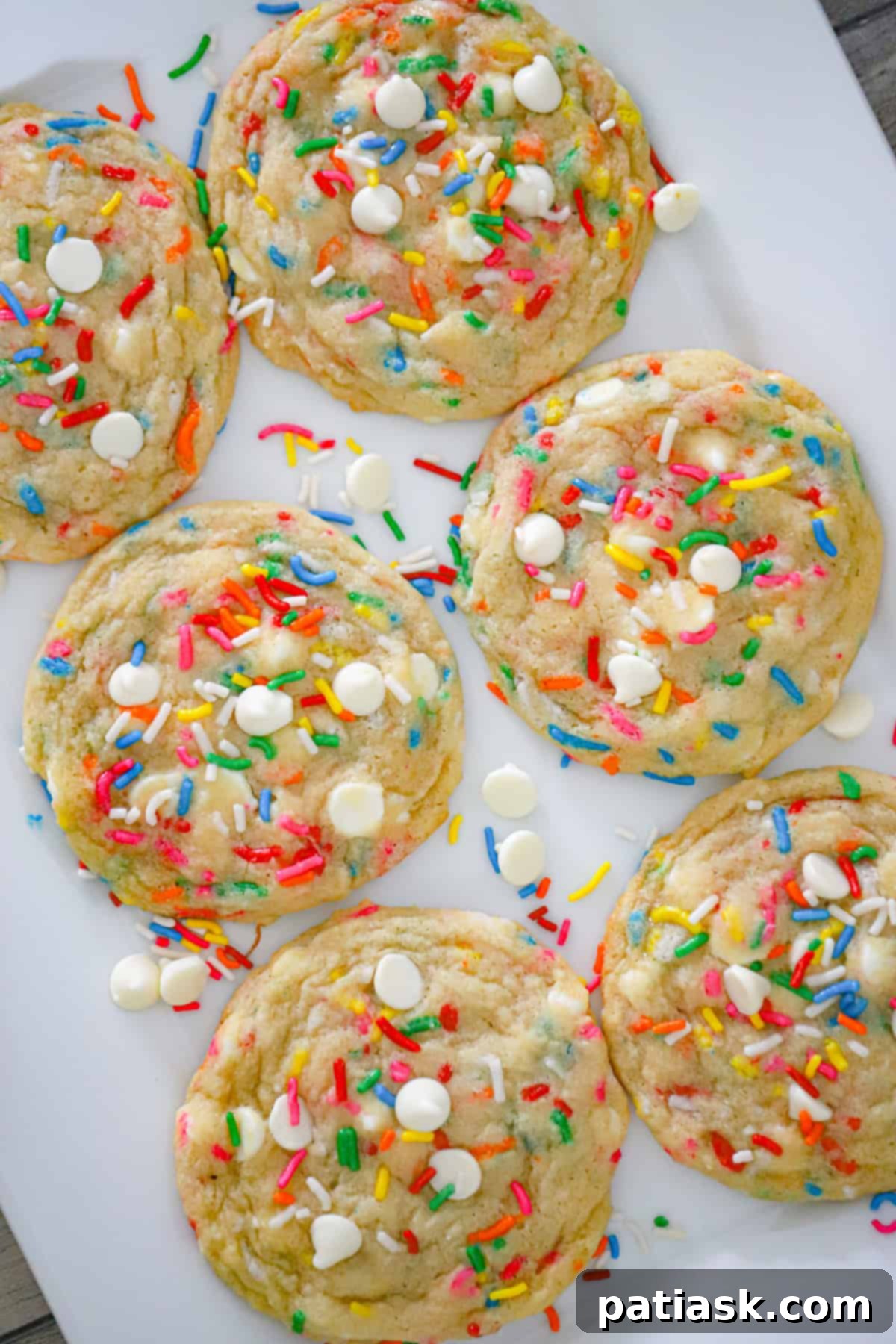 Unbaked Funfetti White Chocolate Chip Cookies dough on a baking sheet
