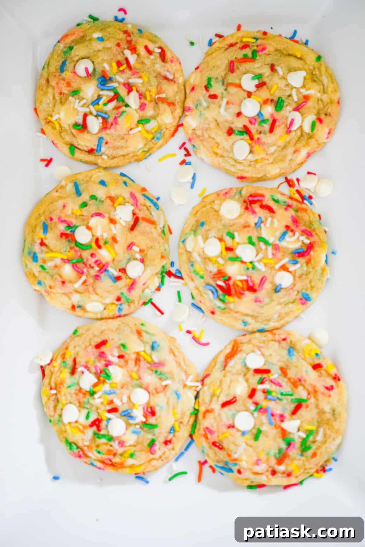 A pile of freshly baked Funfetti White Chocolate Chip Cookies with vibrant sprinkles