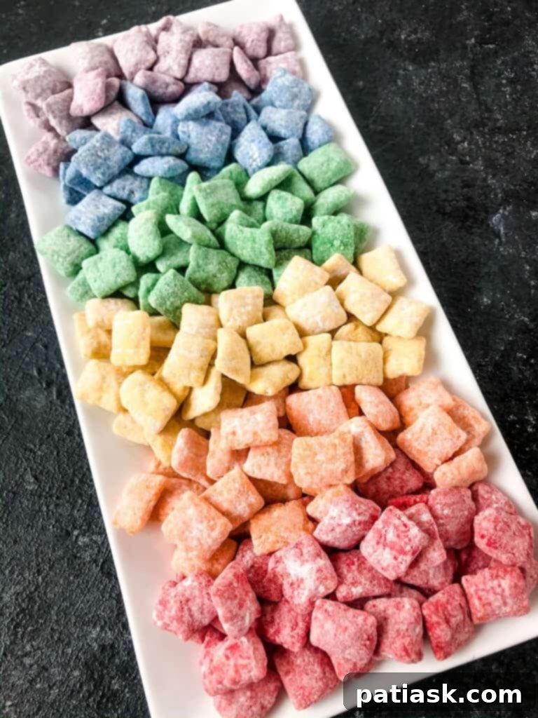 Rainbow Puppy Chow, a colorful gluten-free snack