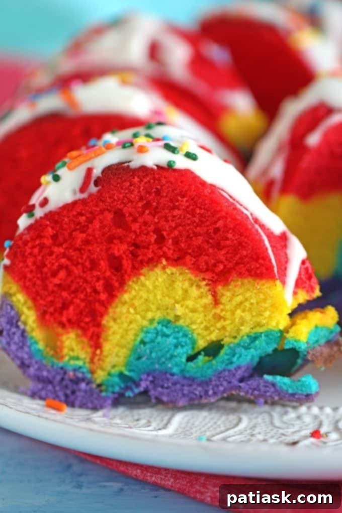 Colorful rainbow bundt cake