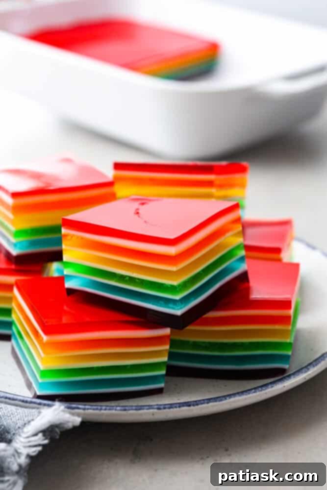 Layered rainbow jello dessert