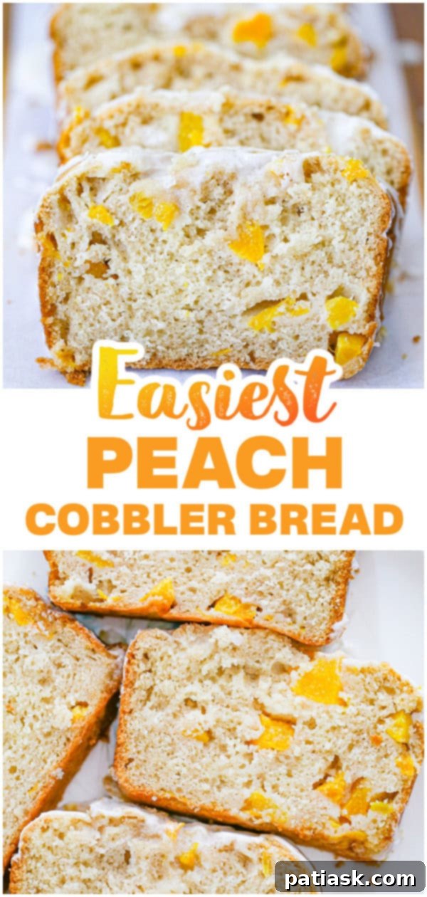 Easy Peach Cobbler Quick Bread 11 Two enticing slices of peach cobbler bread on a plate, highlighting the delightful texture and generous peach filling, a perfect easy quick bread.