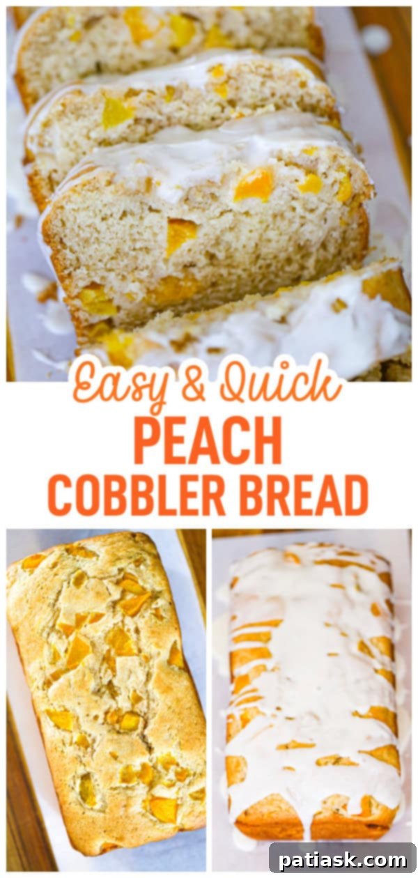 Easy Peach Cobbler Quick Bread 13 Close-up of a fruity loaf of peach cobbler bread, showcasing its golden crust and inviting texture, an easy peach recipe for any home baker.