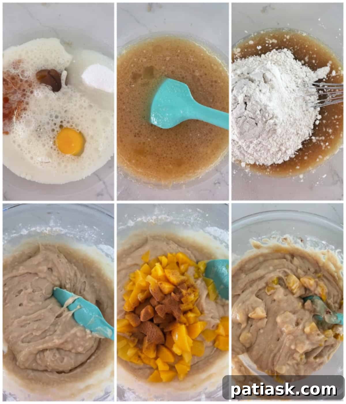 Easy Peach Cobbler Quick Bread 5 Visual tutorial showcasing the steps to make peach cobbler bread, from batter preparation to baking, an easy quick bread recipe.