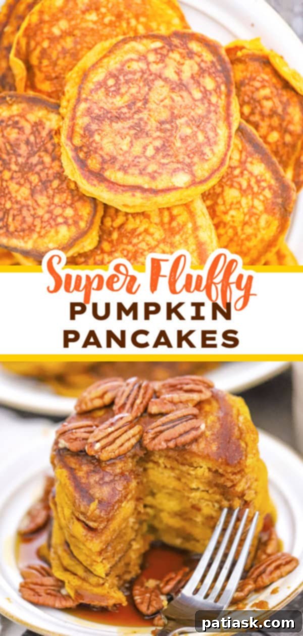 Extra Thick Pumpkin Pancakes 12 Close-up of a stacked Super Fluffy Pumpkin Pancake with syrup