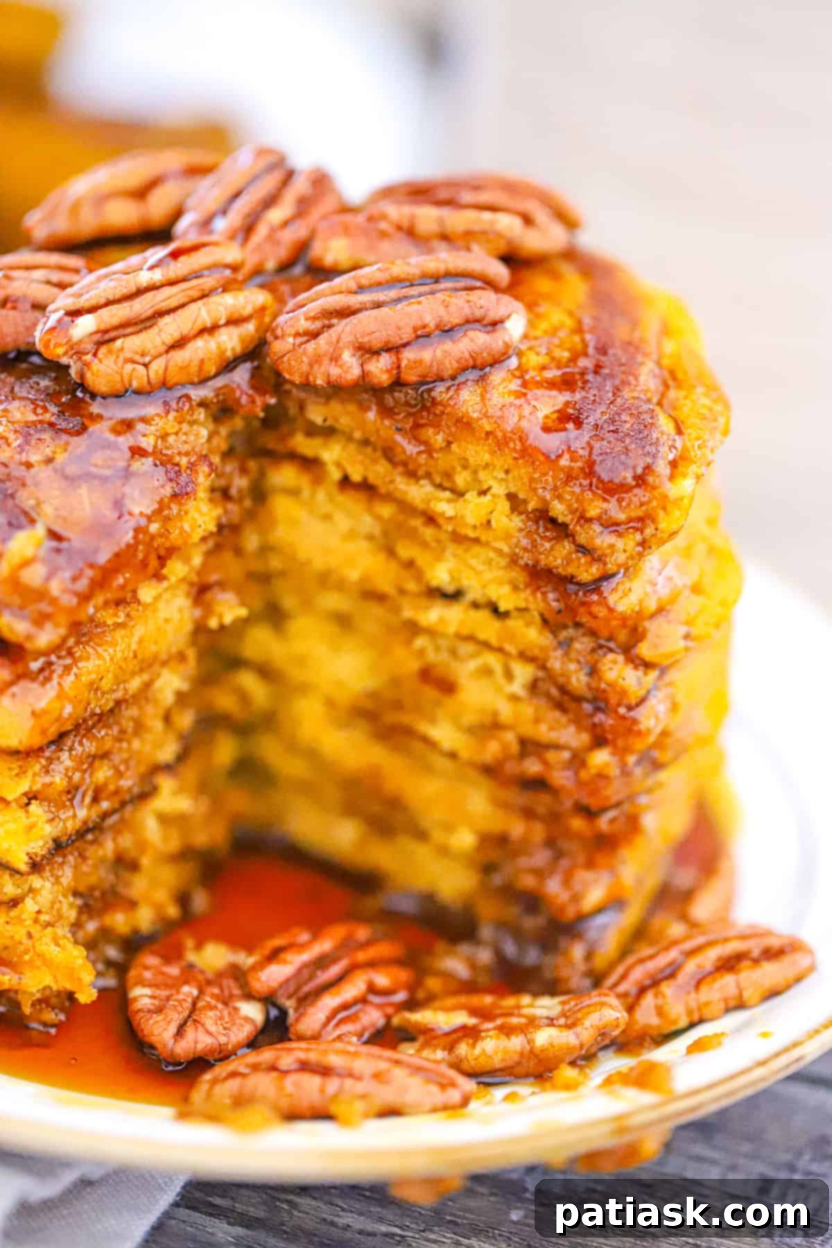 Extra Thick Pumpkin Pancakes 3 Delicious stack of Super Light and Fluffy Pumpkin Pancakes with butter and syrup