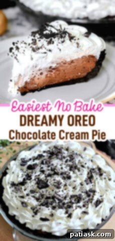 Decadent No-Bake Oreo Chocolate Cream Pie 11 Side view of a whole Oreo Chocolate Cream Pie