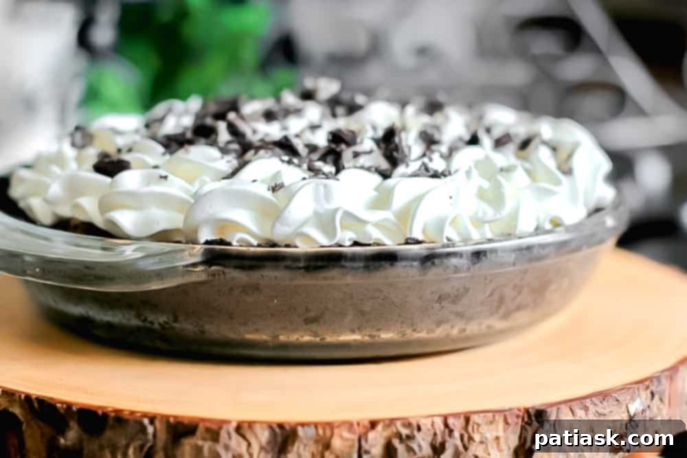 Decadent No-Bake Oreo Chocolate Cream Pie 4 Close-up of the smooth chocolate pudding filling in an Oreo pie crust before chilling.