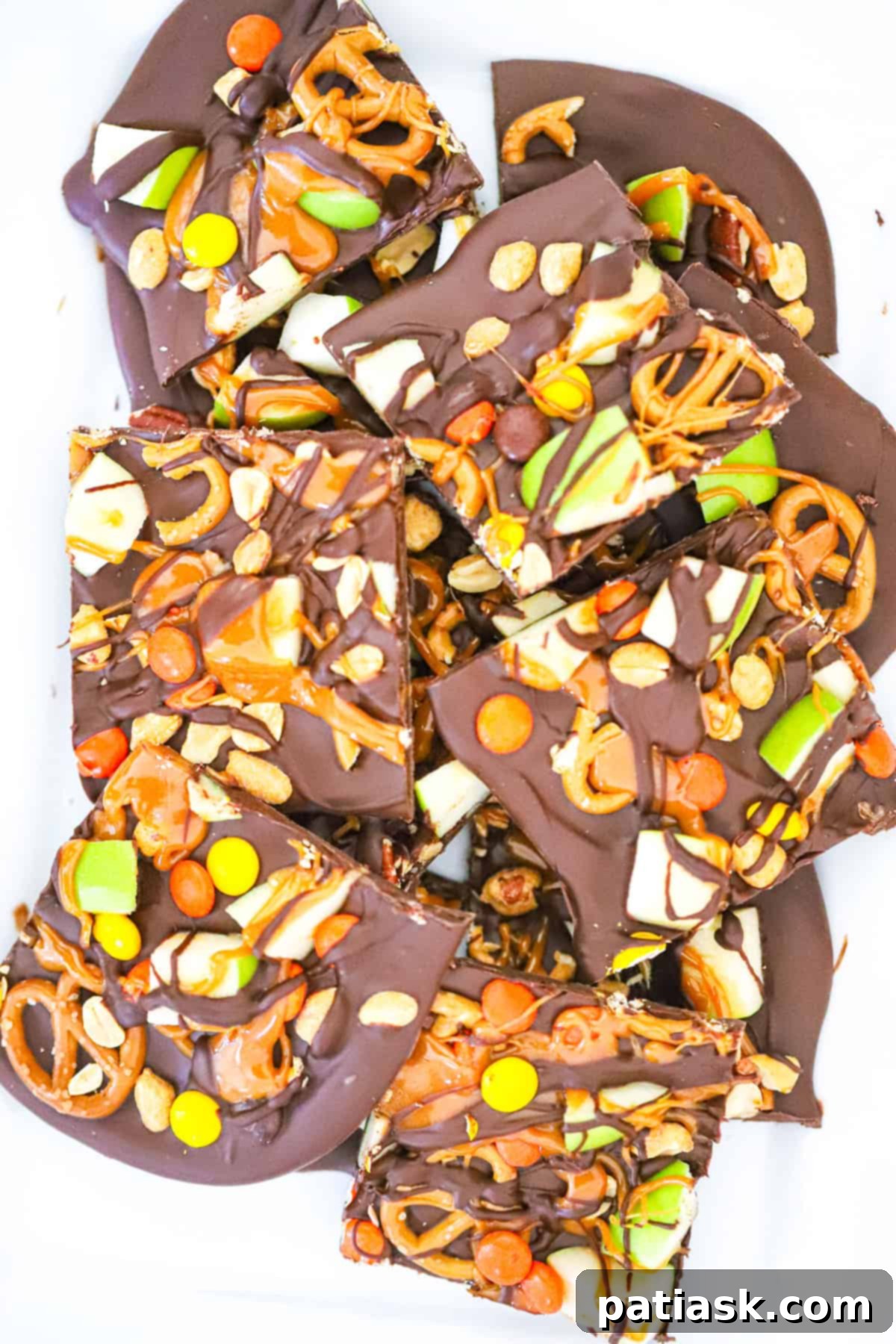 Sweet & Simple: 40 Easy Caramel Dessert Ideas 27 Loaded Caramel Apple Bark with pretzels and peanuts