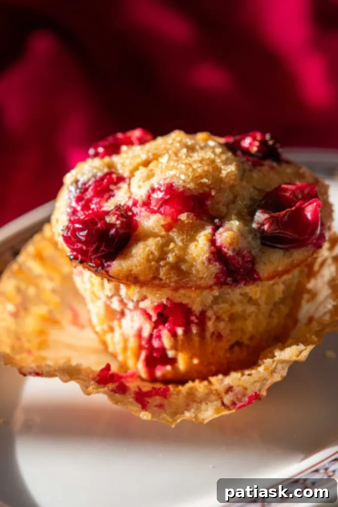 A freshly baked sourdough cranberry muffin on a plate, showcasing its golden-brown top and visible cranberries.
