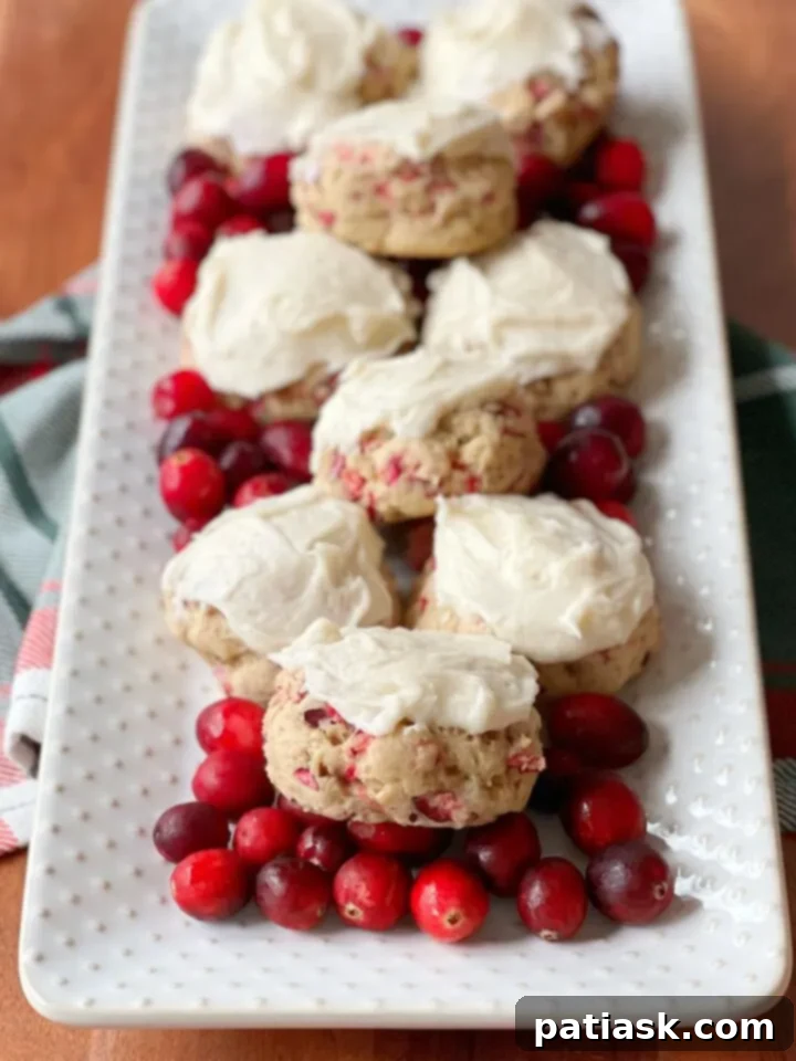 A close-up of frosted cranberry pecan cookies, decorated with a swirl of white frosting and dried cranberries.
