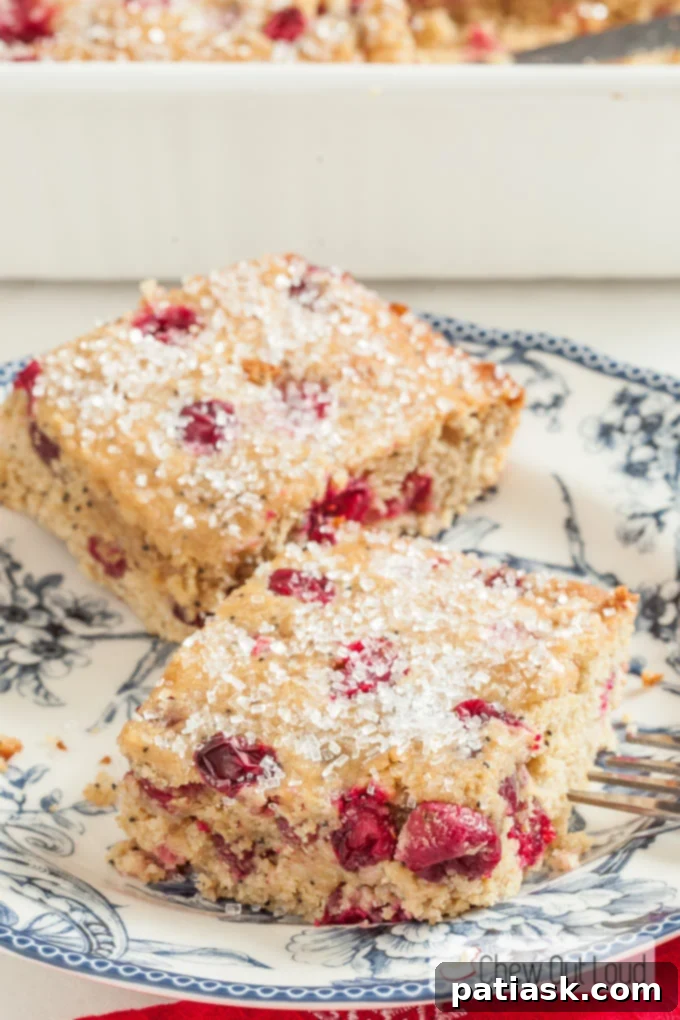 A generous slice of yogurt cranberry poppyseed cake on a plate, revealing the moist interior and poppyseed specks.