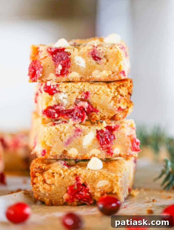A platter of holiday cranberry white chocolate blondies, showcasing their fudgy texture and colorful mix-ins.