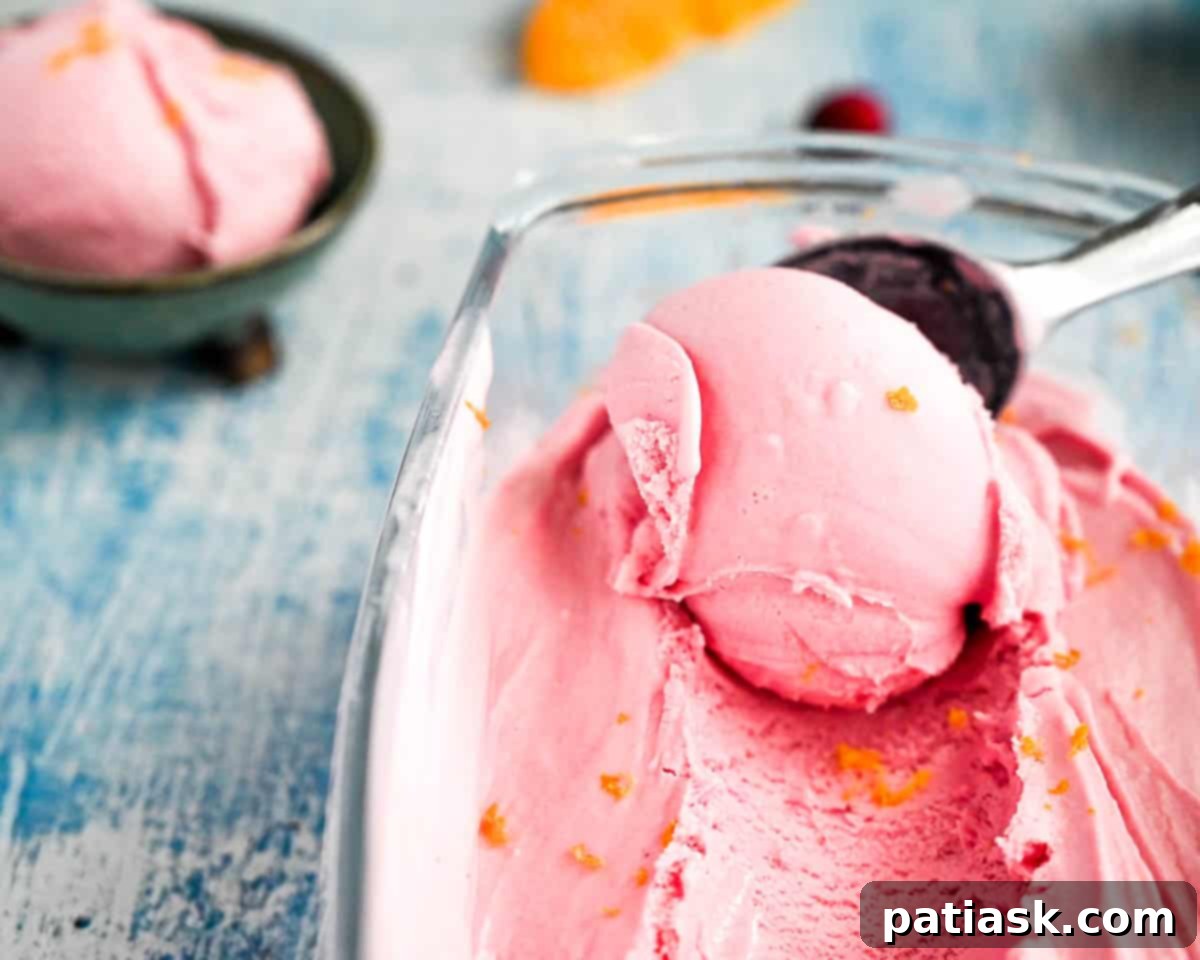 A scoop of vibrant cranberry orange gelato garnished with fresh cranberries, presented in a clear glass bowl.