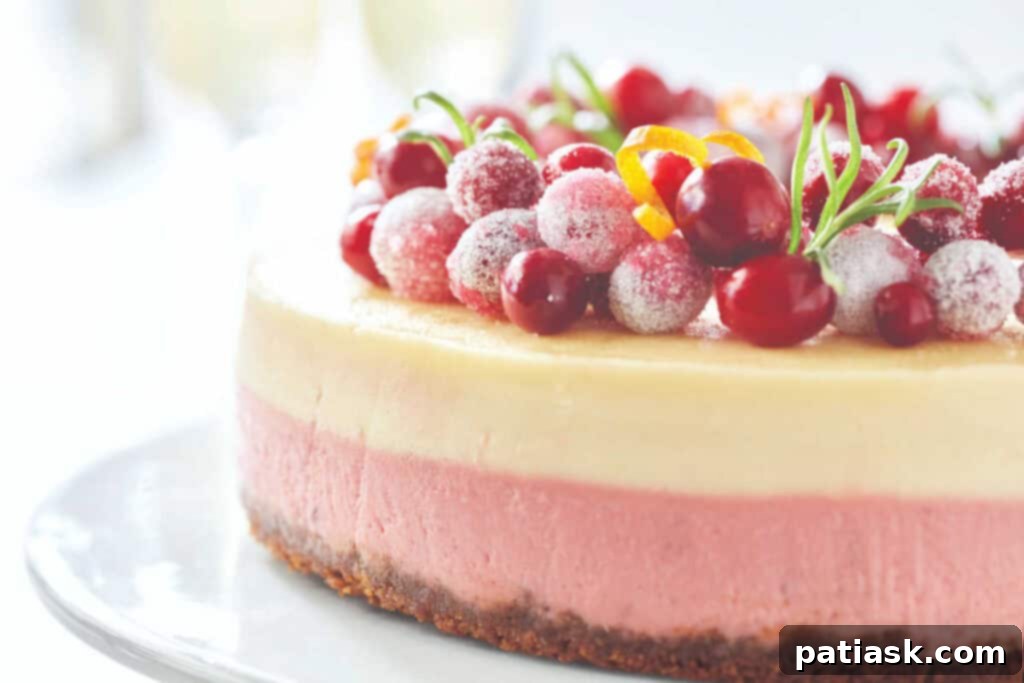 A slice of creamy cranberry cheesecake with a vibrant red cranberry topping and graham cracker crust.