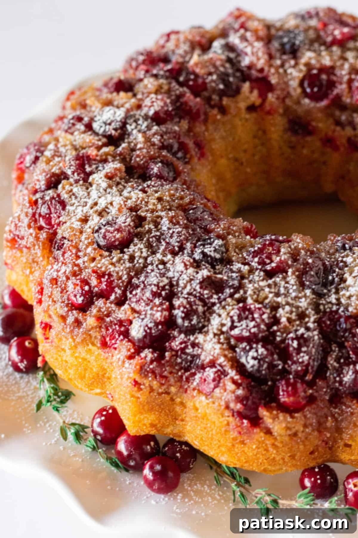 A festive cranberry upside down bundt cake, showing the caramelized cranberry topping and decorative bundt shape.