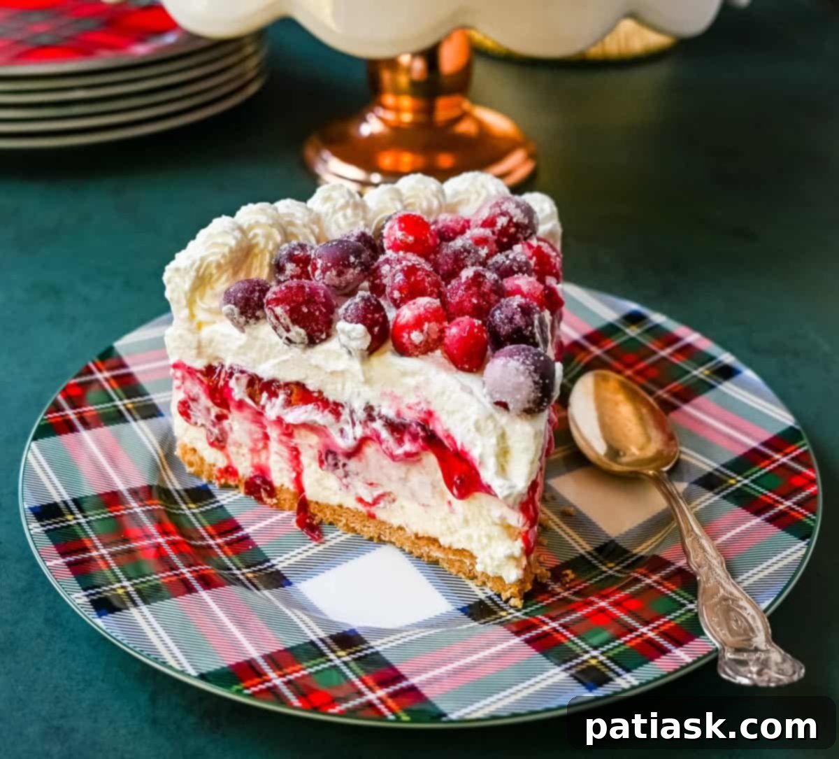 A stunning no-bake cranberry white chocolate cheesecake, garnished with sugared cranberries and whipped cream.