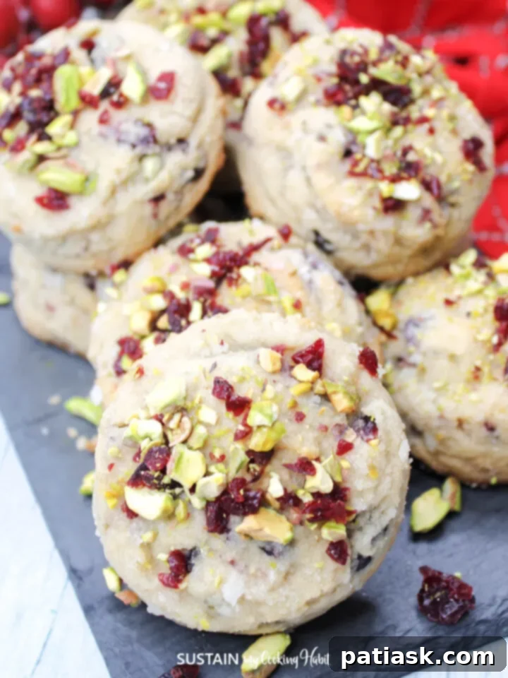 White chocolate cranberry pistachio cookies, showcasing their vibrant colors and festive appeal.