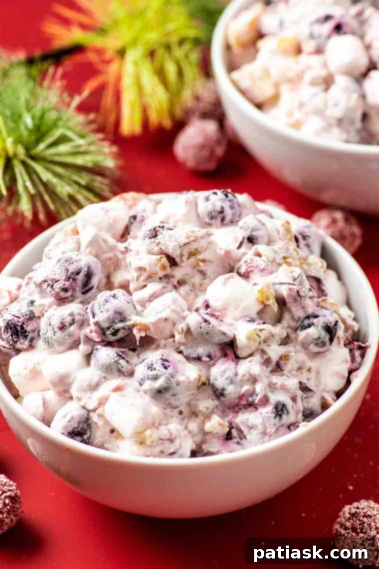 A bowl of cranberry fluff salad, showing its light pink hue and visible fruit pieces.