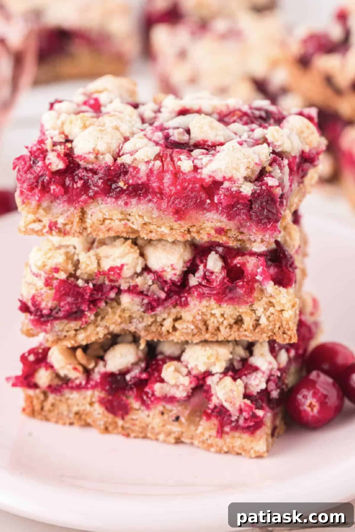 A stack of homemade cranberry crumble bars, showing their buttery topping and gooey cranberry filling.